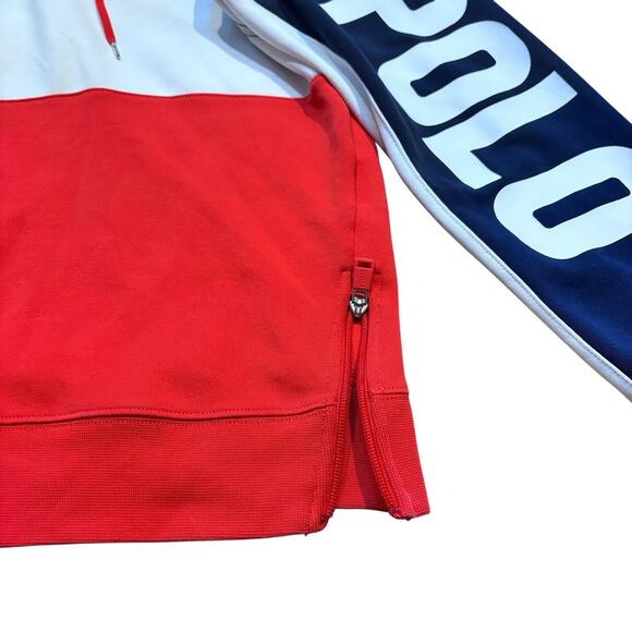 Polo Ralph Lauren Red White Blue ColorBlock Double Knit Hoodie Logo Women Large* - Picture 3 of 10